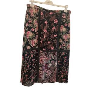 Vintage Womens Chiffon Midi Skirt Dark Floral Crochet Cottage Fairy Grunge Fall